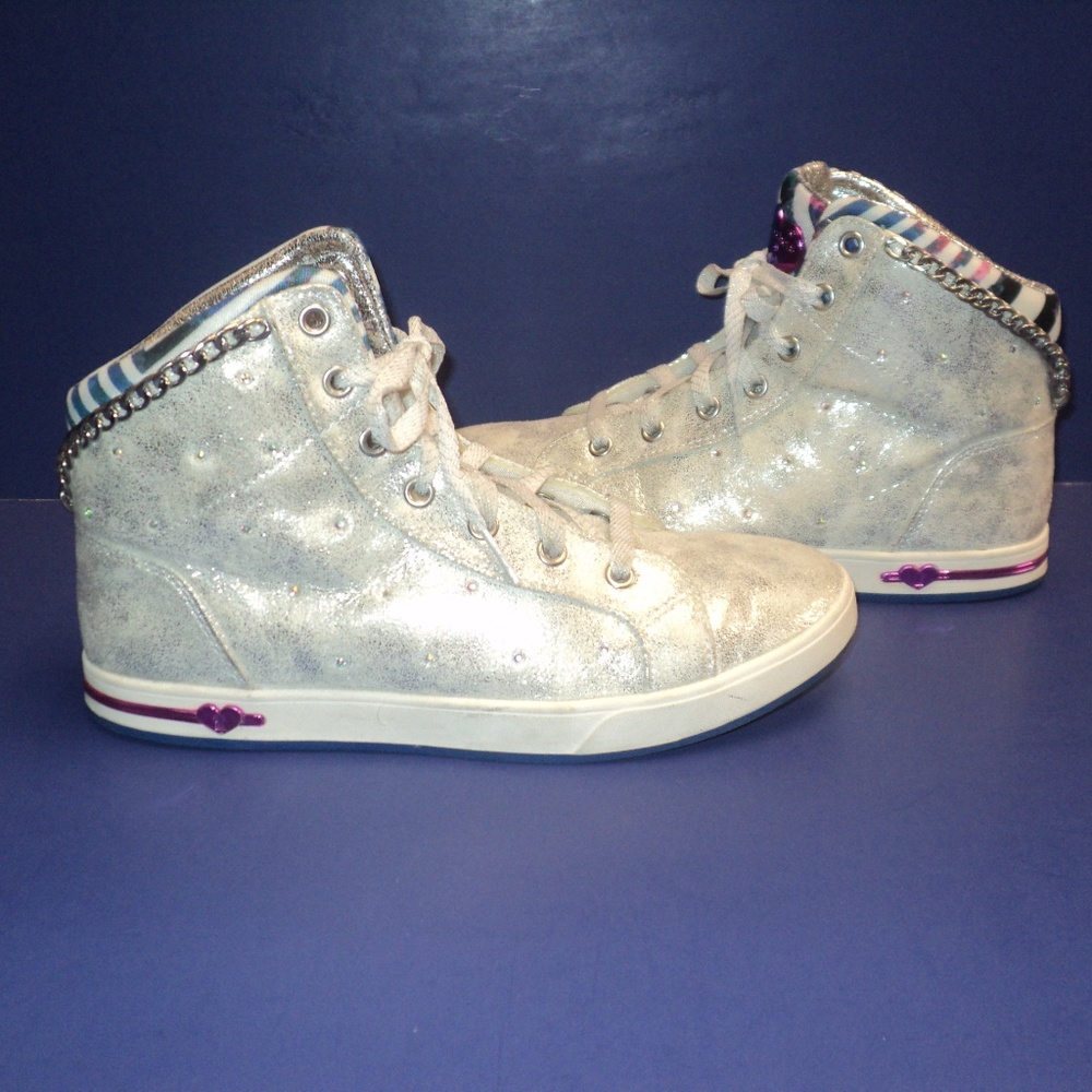 Skechers Womens 6 High Top Sneakers Silver Glitter Rhinestones, Chains, Hearts